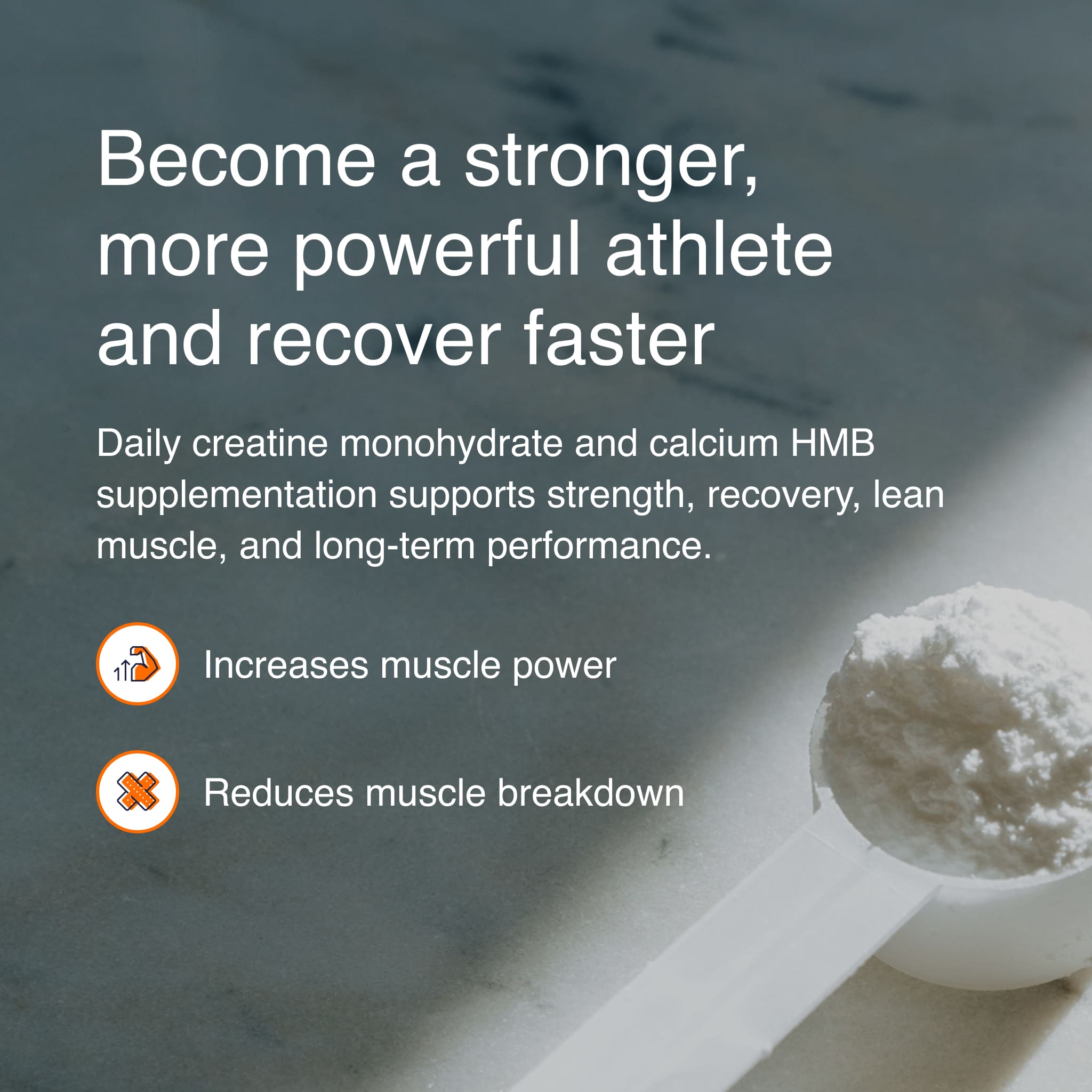 Supplement powder in a scoop with text about athletic performance and recovery.