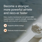 Supplement powder in a scoop with text about athletic performance and recovery.