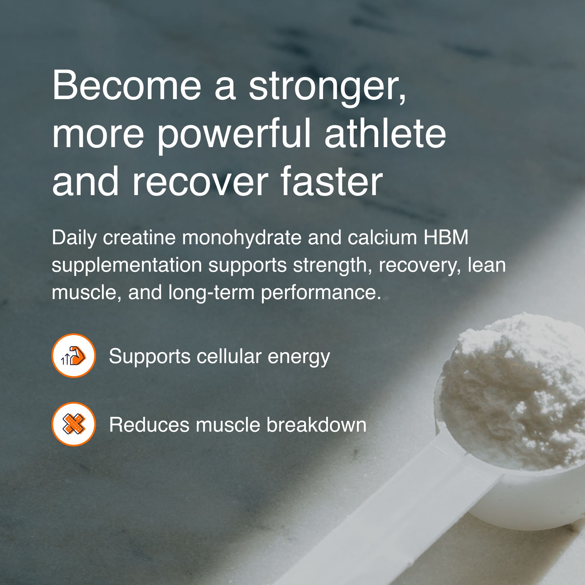 Supplement powder in a scoop with text about athletic performance and recovery.