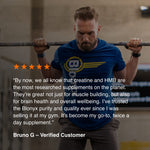Man lifting weights with a testimonial about creatine and HMB supplements.