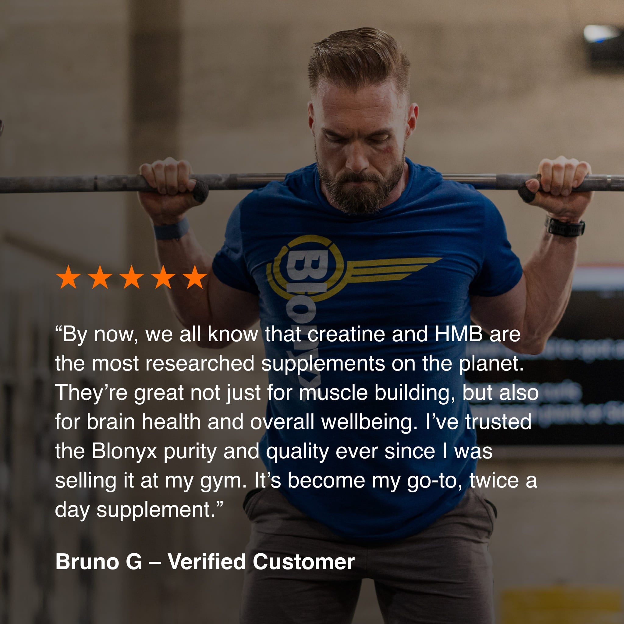 Man lifting weights with a testimonial about creatine and HMB supplements.