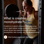 Woman lifting weights with text about creatine monohydrate