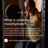 Woman lifting weights with text about creatine monohydrate