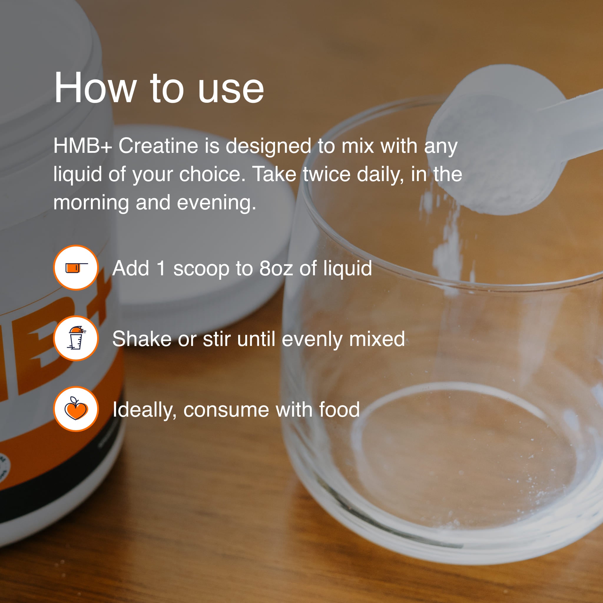 Instructions for using HMB+ Creatine with a scoop and glass on a wooden surface.