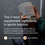 Hand holding a supplement container with text about supplement ingredients in sports nutrition.
