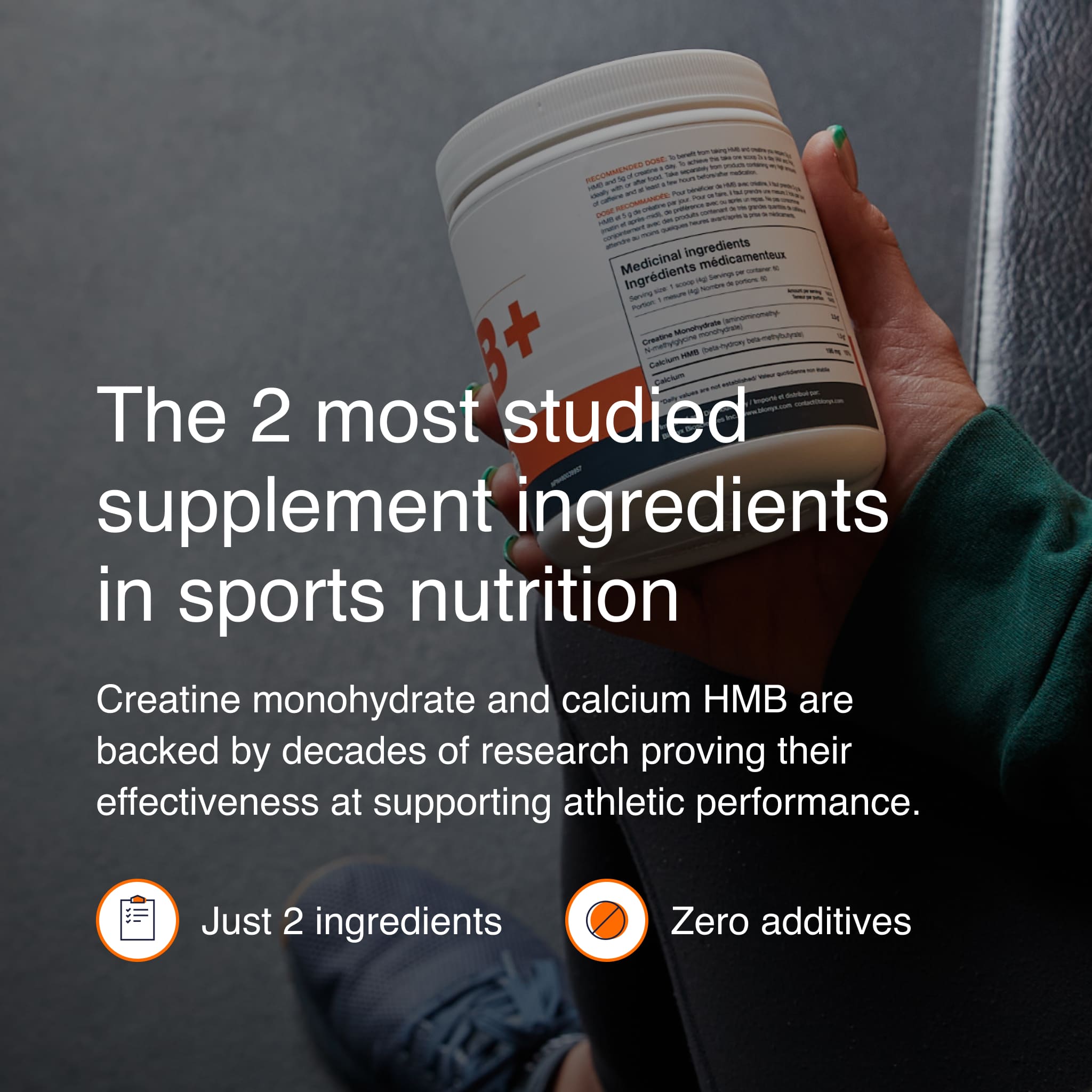 Hand holding a supplement container with text about supplement ingredients in sports nutrition.