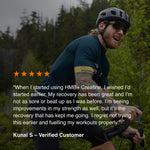 Person riding a bike with a testimonial overlay about HMB+ Creatine supplement