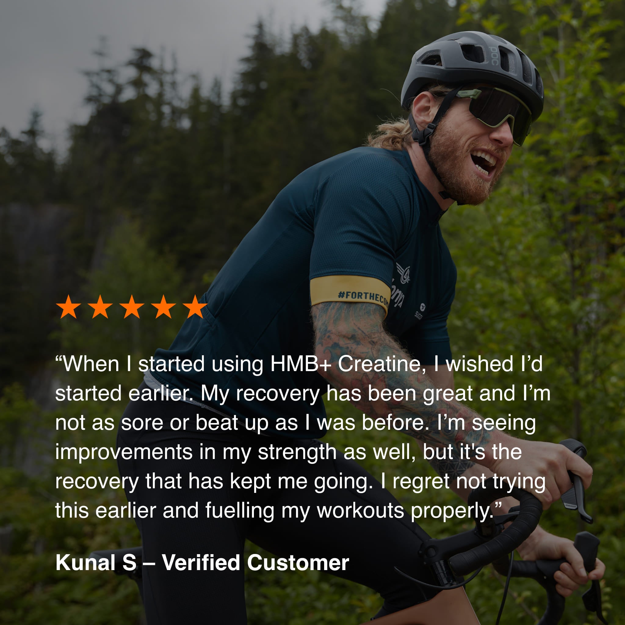 Person riding a bike with a testimonial overlay about HMB+ Creatine supplement