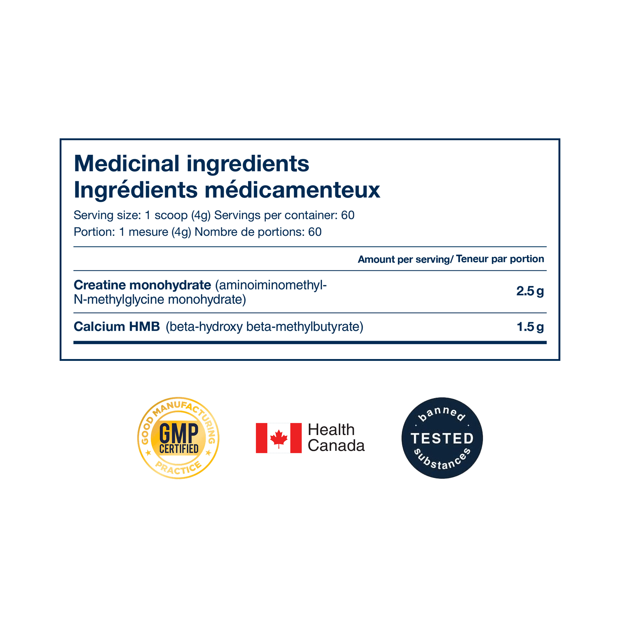 Blonyx HMB+ Creatine supplement facts and certifications.