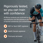 Cyclist on a road bike with text about Blonyx product testing and certifications.