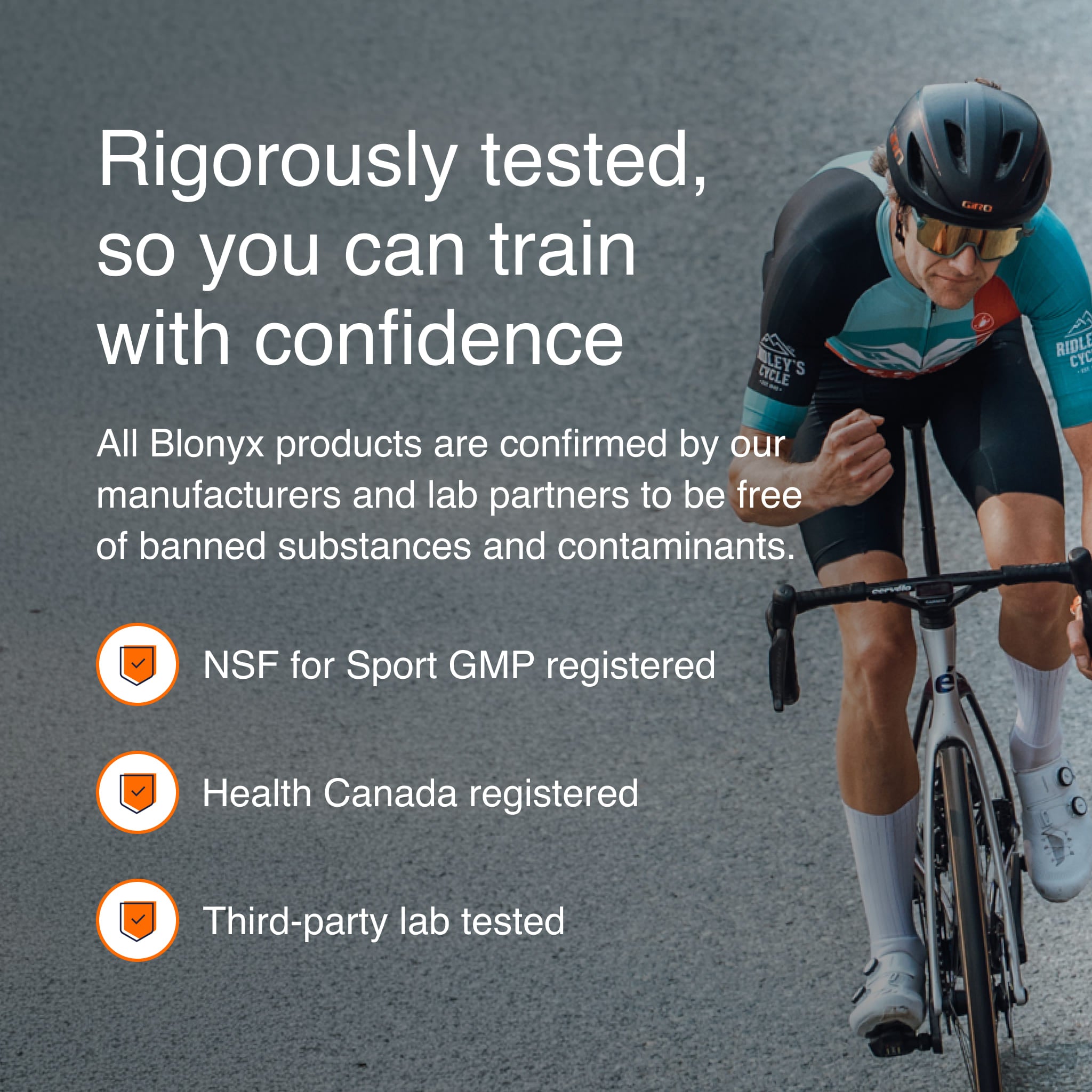 Cyclist on a road bike with text about Blonyx product testing and certifications.
