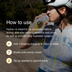 Cyclist drinking Blonyx Hydra+ electrolyte drink mix with instructions for mixing and using before, during, and after training sessions and races.