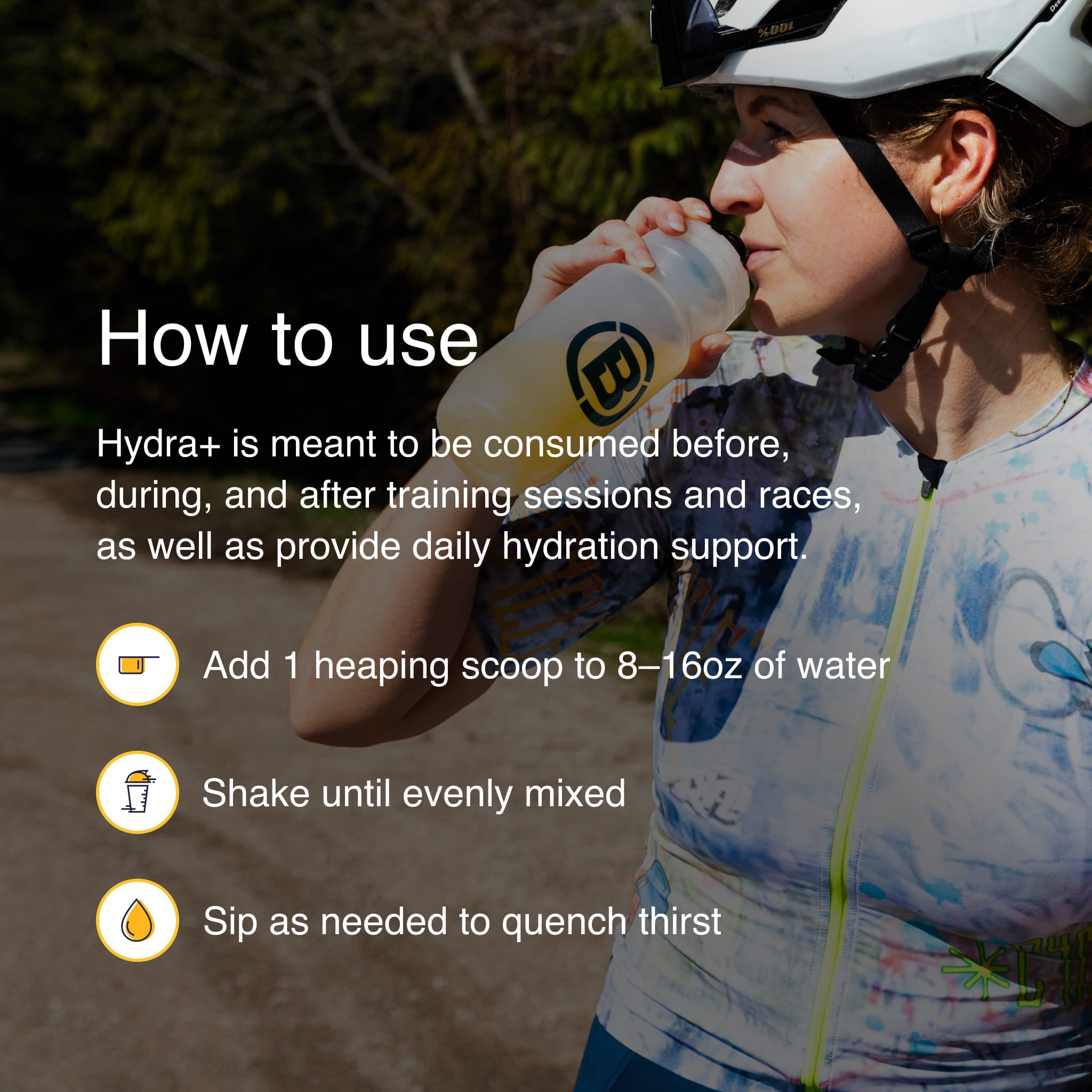 Cyclist drinking Blonyx Hydra+ electrolyte drink mix with instructions for mixing and using before, during, and after training sessions and races.