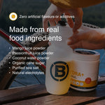 Blonyx Hydra+ electrolyte drink mix made with mango juice powder, passionfruit juice powder, coconut water powder, organic cane sugar, purified sea salt, and natural electrolytes.