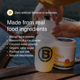Blonyx Hydra+ electrolyte drink mix made with mango juice powder, passionfruit juice powder, coconut water powder, organic cane sugar, purified sea salt, and natural electrolytes.