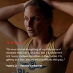 Athlete recovering after training with a testimonial describing how Blonyx Multivit+ provides convenient daily vitamin and mineral support, helping maintain energy, wellness, and overall health.