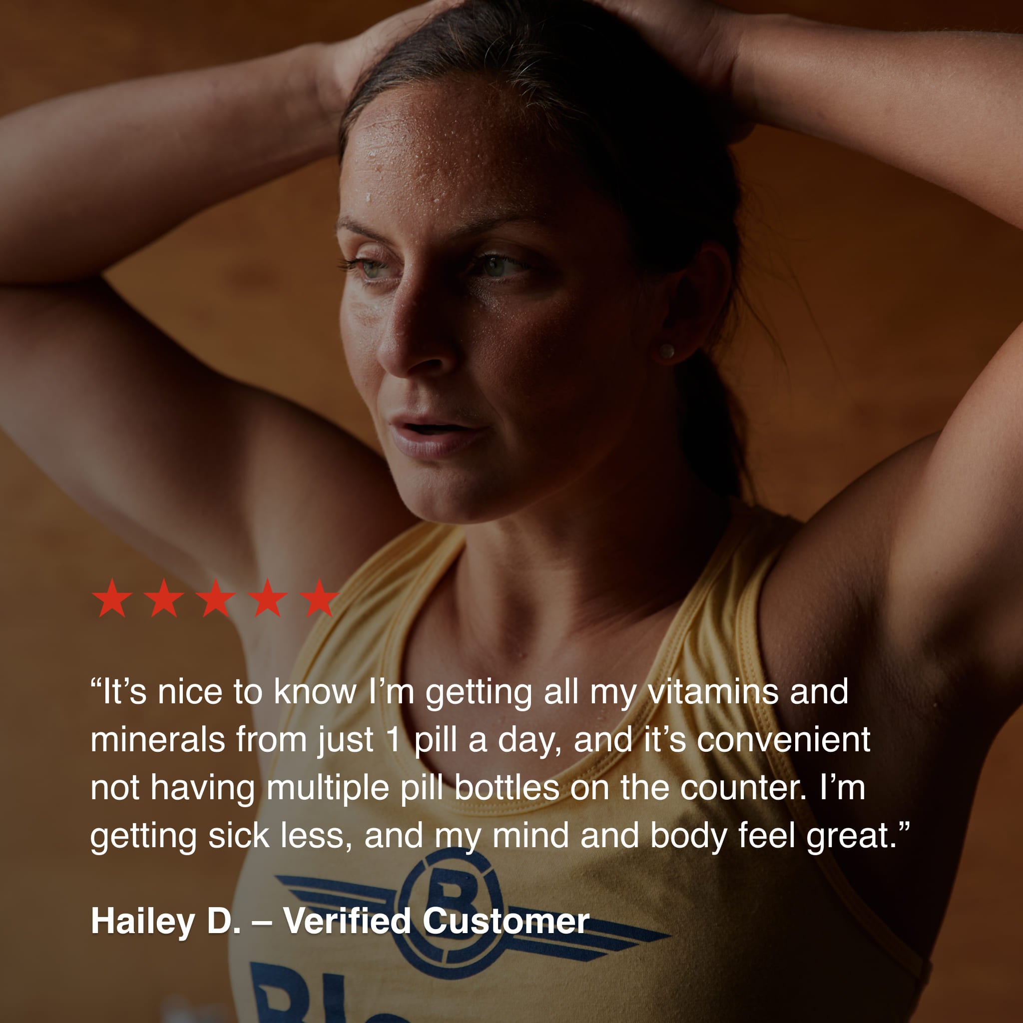 Athlete recovering after training with a testimonial describing how Blonyx Multivit+ provides convenient daily vitamin and mineral support, helping maintain energy, wellness, and overall health.