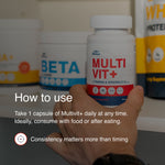 Hand placing a bottle of Blonyx Multivit+ on a supplement shelf with instructions recommending one capsule daily with food to support consistent vitamin and mineral intake for athletes.