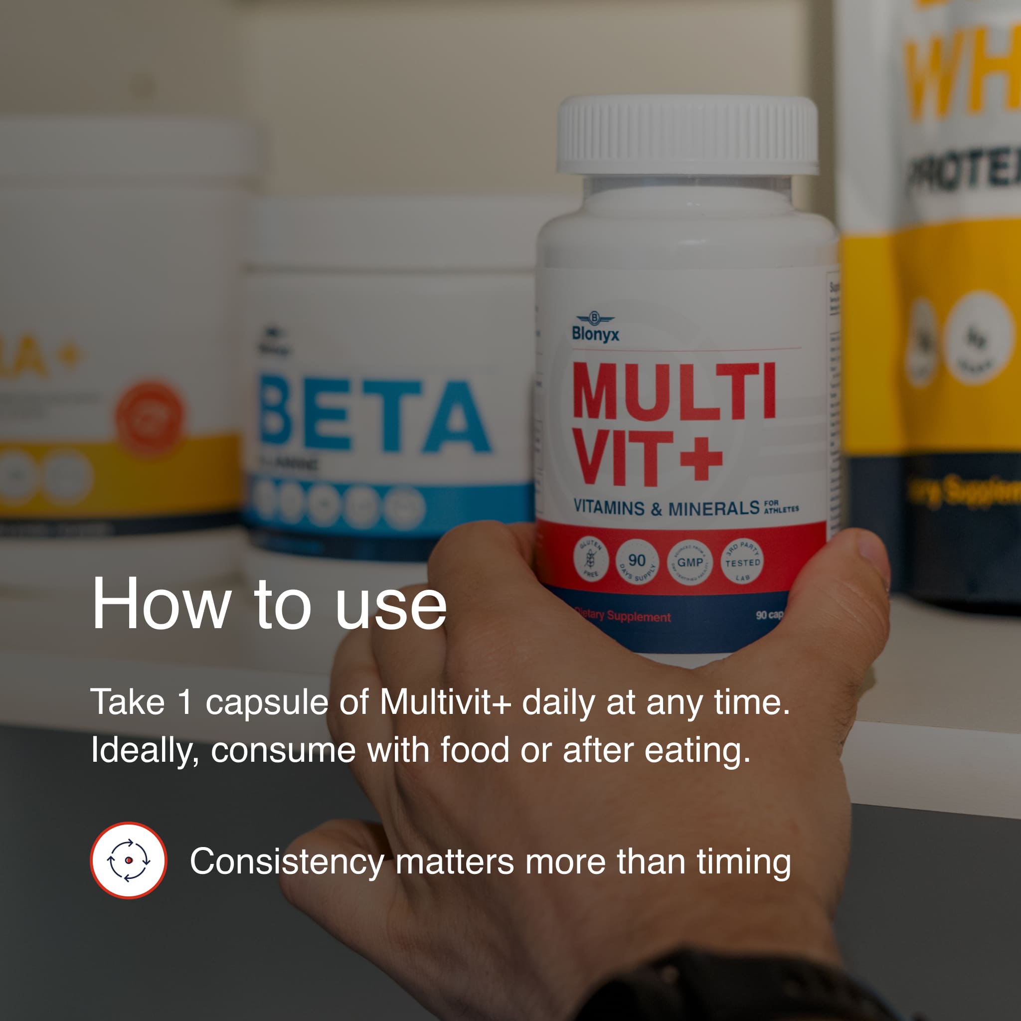 Hand placing a bottle of Blonyx Multivit+ on a supplement shelf with instructions recommending one capsule daily with food to support consistent vitamin and mineral intake for athletes.