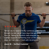 Strength athlete performing a back squat with a testimonial explaining how taking Blonyx Multivit+ daily helps support nutrition, training consistency, and athletic performance on busy days.