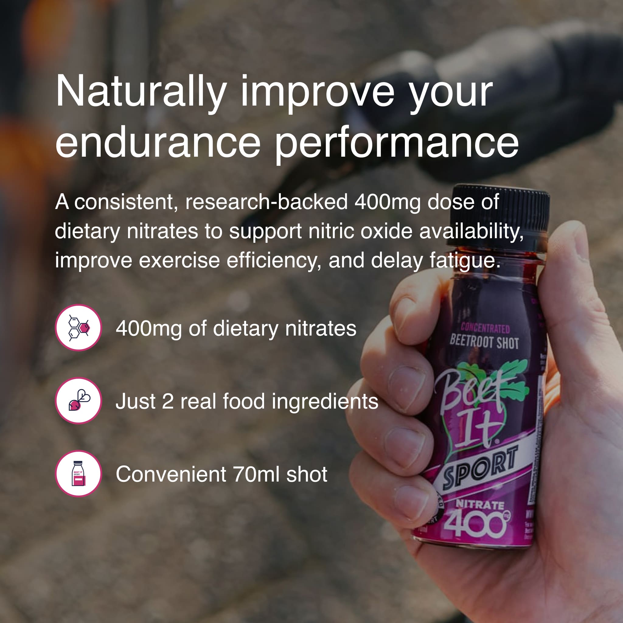 Hand holding Beet It Sport Nitrate 400 beetroot shot with text describing dietary nitrate benefits for endurance performance, nitric oxide production, and exercise efficiency.