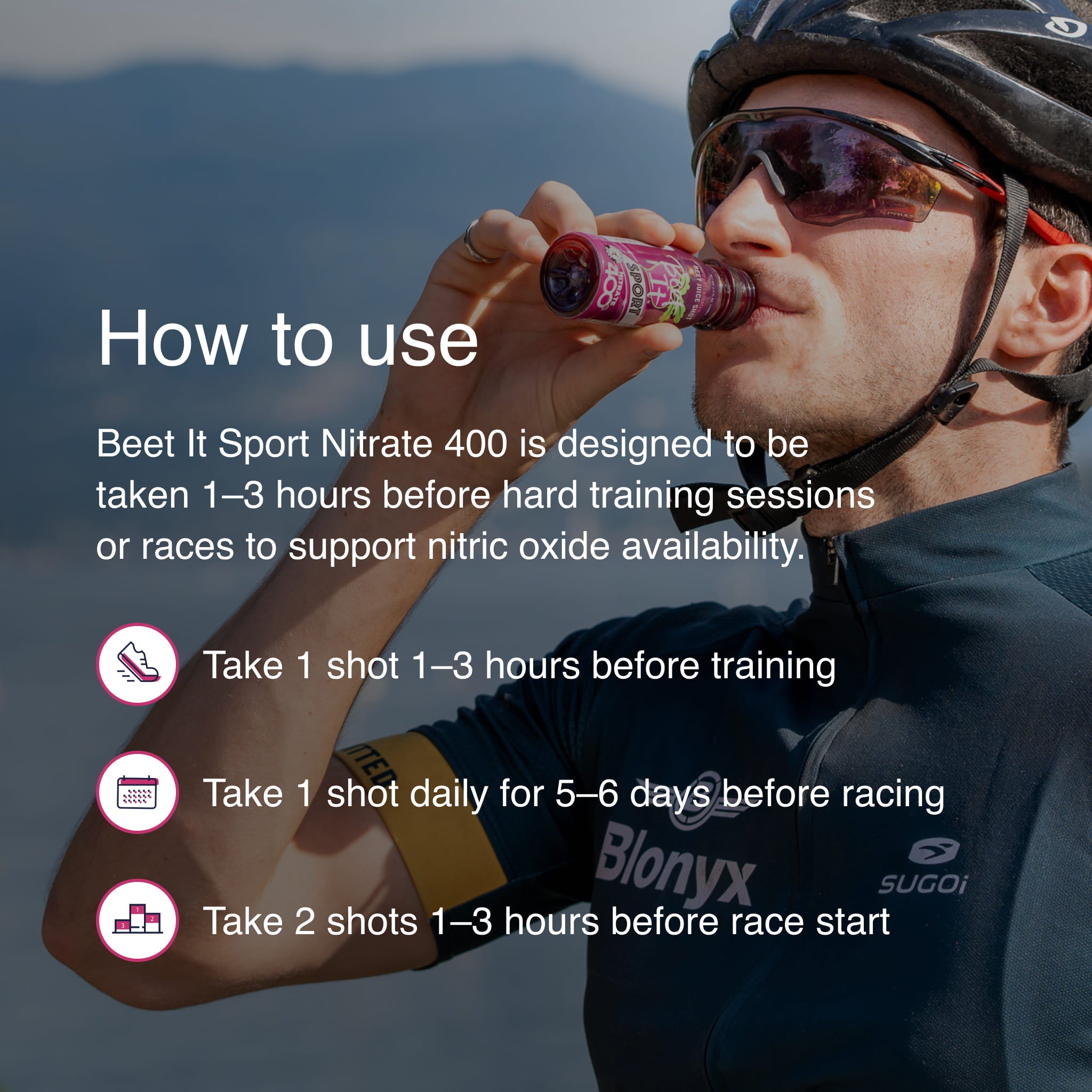 Cyclist drinking Beet It Sport Nitrate 400 with instructions for nitrate timing before training sessions and races to support endurance performance.