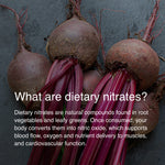 Fresh beets with educational graphic explaining dietary nitrates, nitric oxide production, blood flow, and endurance performance benefits.