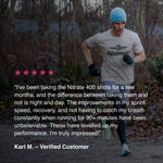 Runner in the outdoors with customer review describing improved sprint speed, recovery, and endurance from using Beet It Sport Nitrate 400.