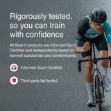 Competitive cyclist riding on road with graphic highlighting Informed Sport certification and third-party testing for Beet It Sport supplements.