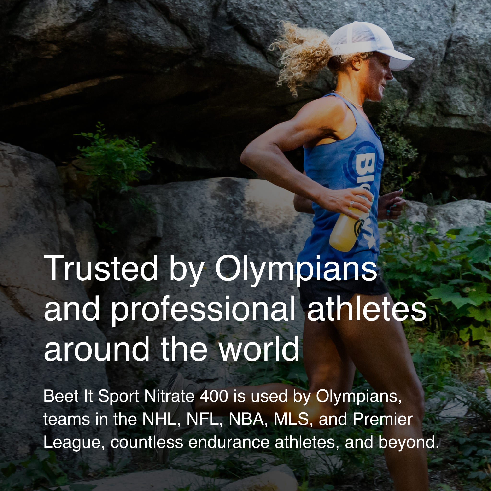 Female trail runner using Beet It Sport Nitrate 400 with text describing use by Olympians and professional athletes across major sports leagues.