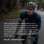 Cyclist on a road with customer testimonial describing improved cardiovascular endurance and reduced breathing effort from Beet It Sport Nitrate 400.