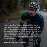 Cyclist on a road with customer testimonial describing improved cardiovascular endurance and reduced breathing effort from Beet It Sport Nitrate 400.