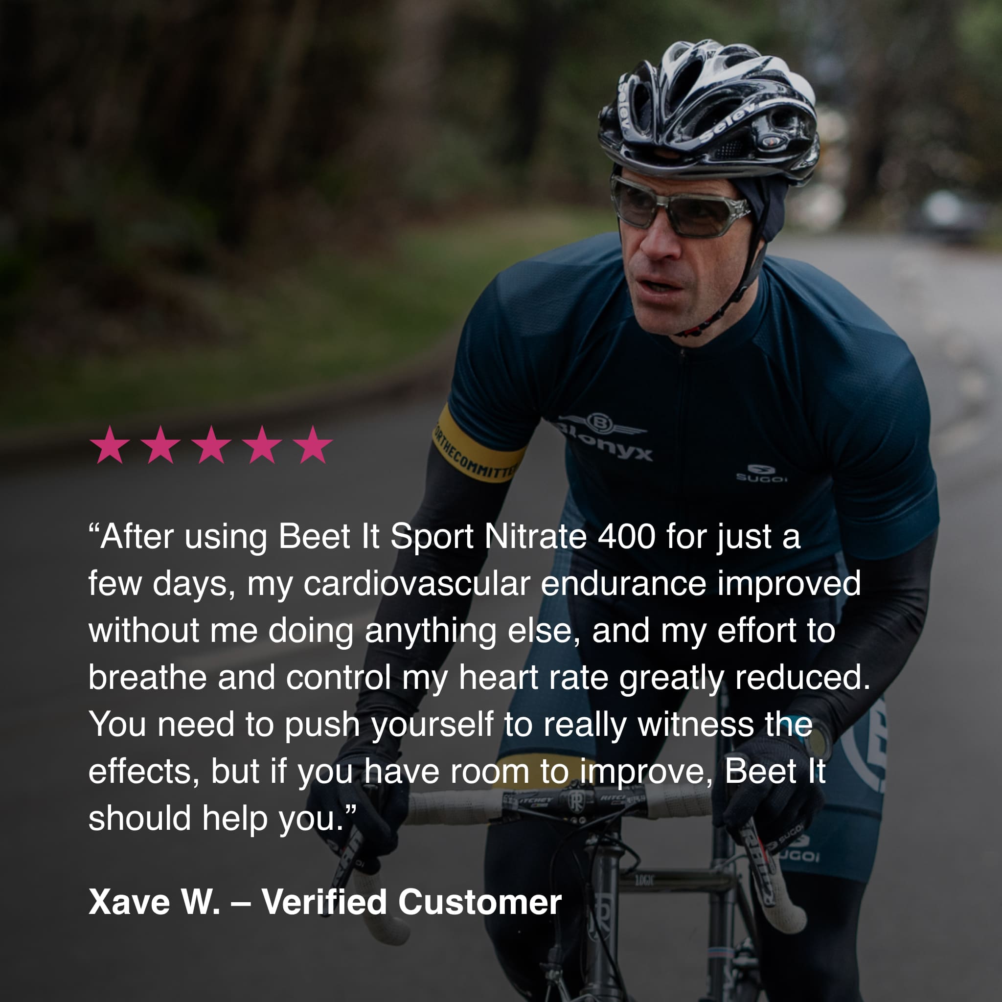 Cyclist on a road with customer testimonial describing improved cardiovascular endurance and reduced breathing effort from Beet It Sport Nitrate 400.