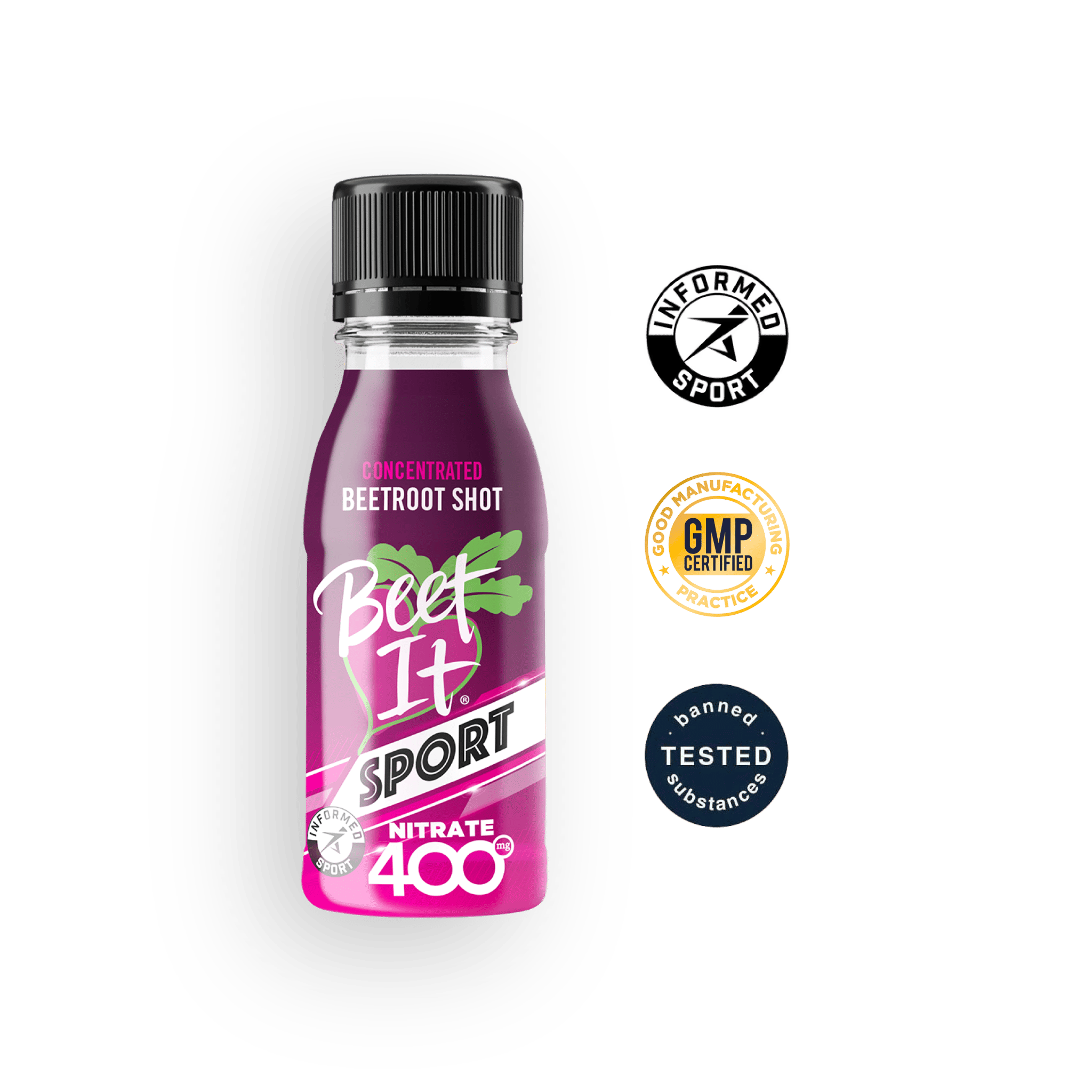 Beet It Sport Nitrate 400 shot with Informed Sport Certified and banned substance tested badge.