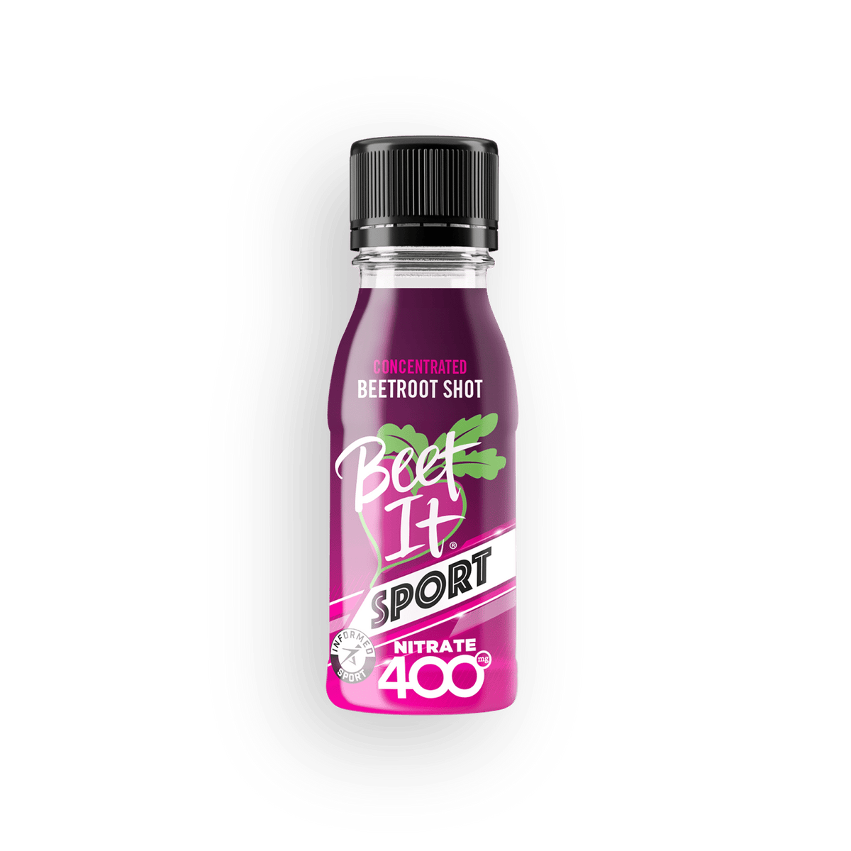 Bottle of Beet It Sport concentrated beetroot shot on a transparent background.