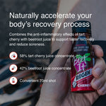 Athlete holding Beet It Regen Cherry+ tart cherry and beetroot recovery shot highlighting ingredients and benefits for muscle recovery and reduced soreness.
