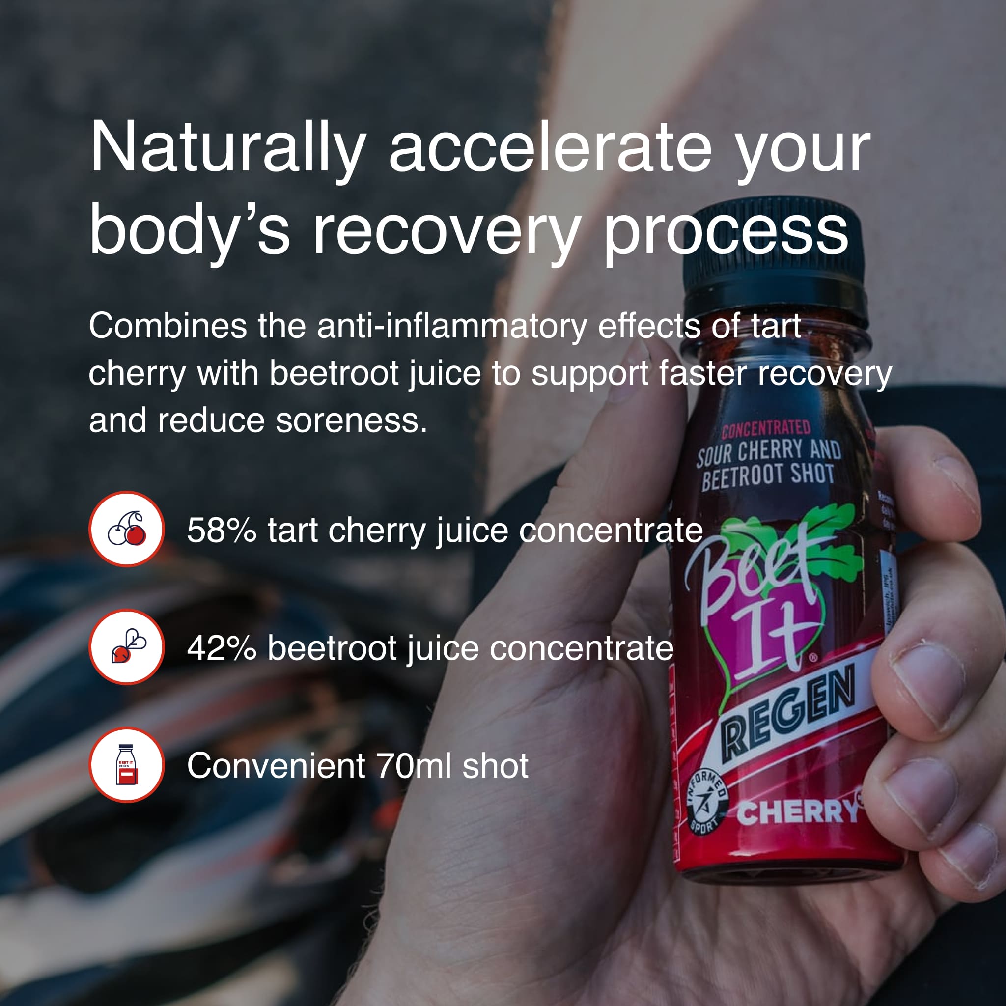 Athlete holding Beet It Regen Cherry+ tart cherry and beetroot recovery shot highlighting ingredients and benefits for muscle recovery and reduced soreness.