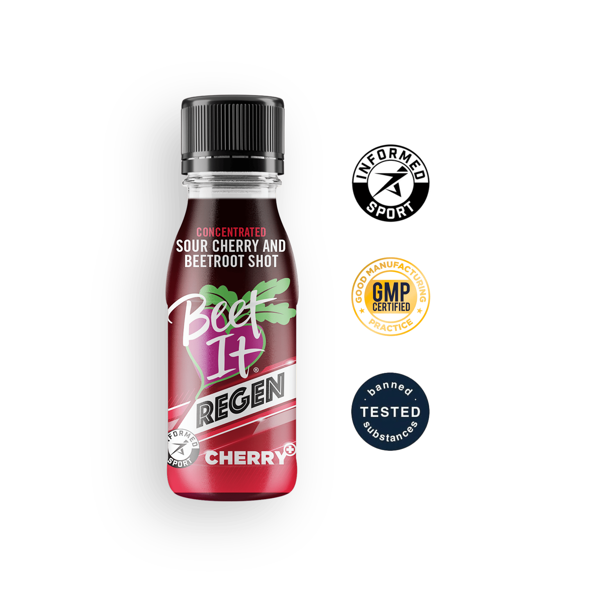 Beet It Regen Cherry+ tart cherry recovery shot with Informed Sport certification, GMP manufacturing standards, and banned substance testing.