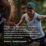 Trail runner using Beet It Regen Cherry+ tart cherry recovery shot with customer review describing recovery support during high training volume.