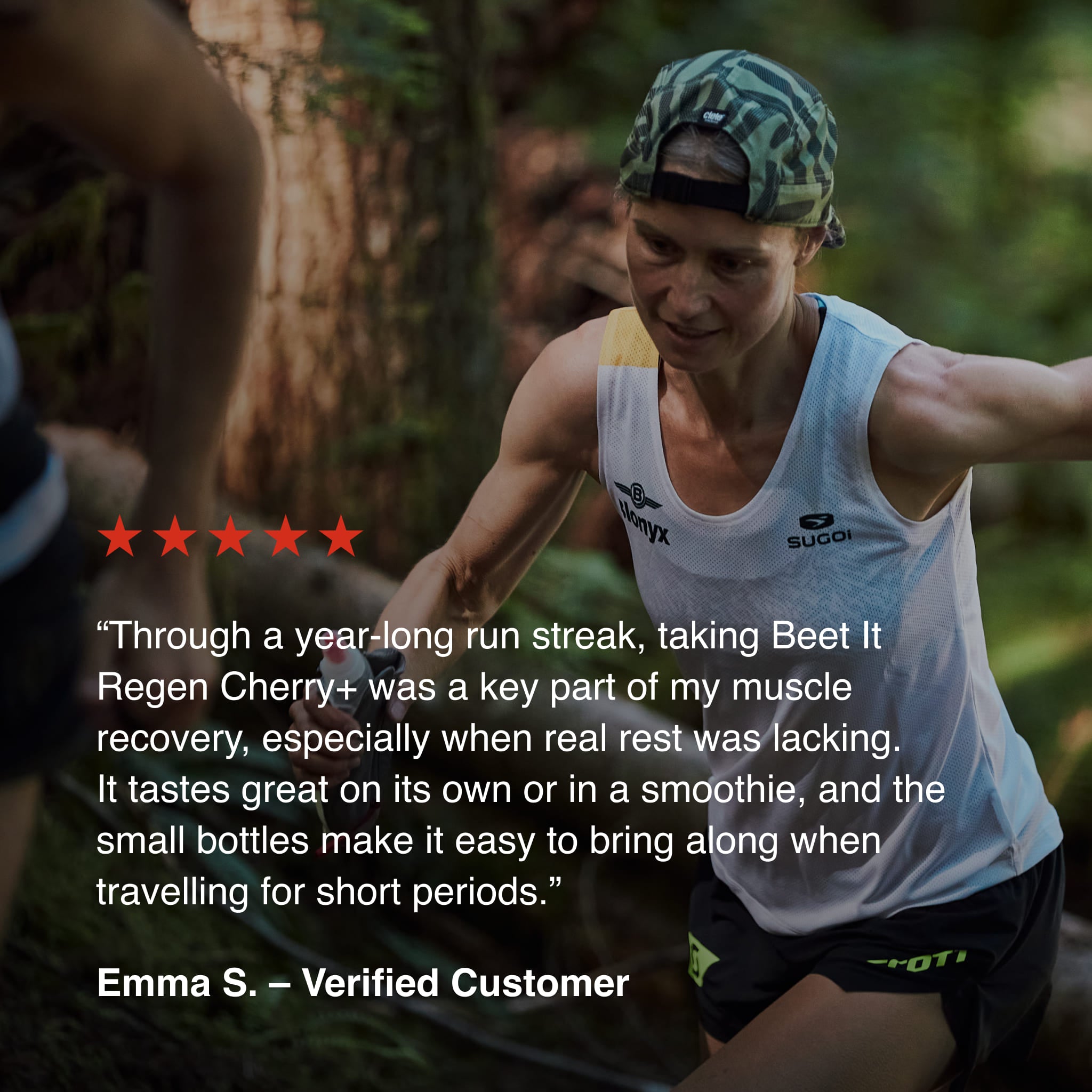 Trail runner using Beet It Regen Cherry+ tart cherry recovery shot with customer review describing recovery support during high training volume.