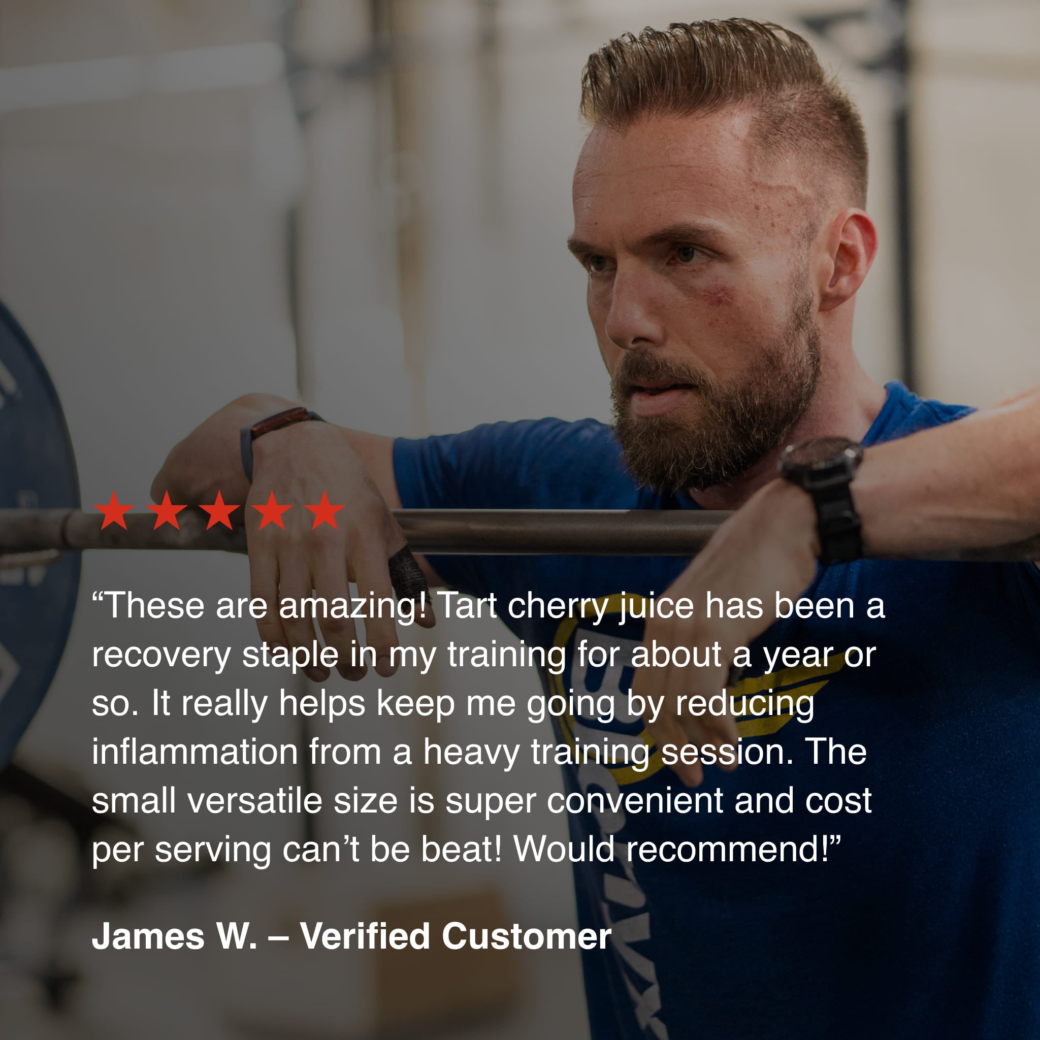 Strength athlete with Beet It Regen Cherry+ recovery shot and customer review describing reduced soreness and post-training recovery benefits.
