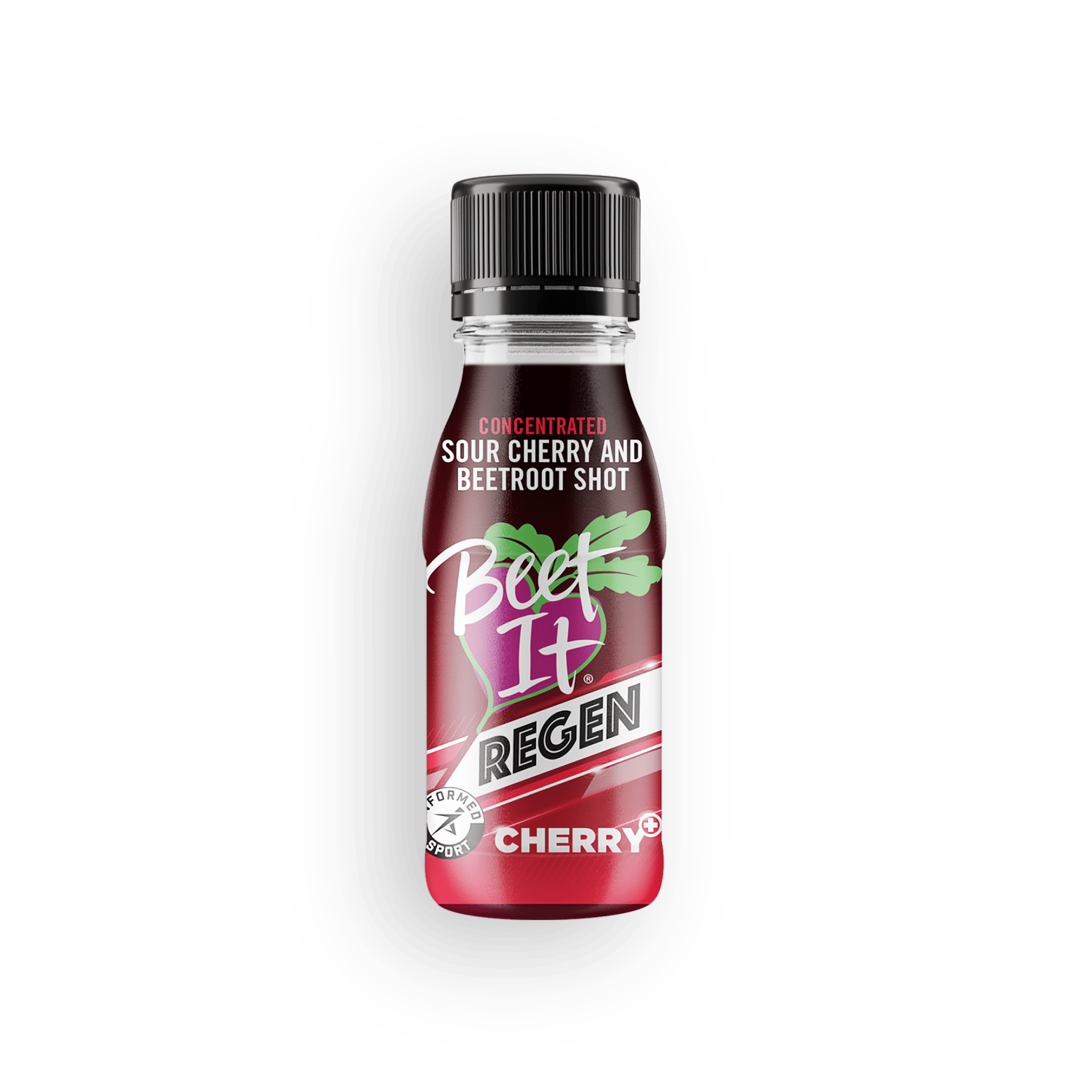 Bottle of Beet It Regen Cherry+ on a grey background.