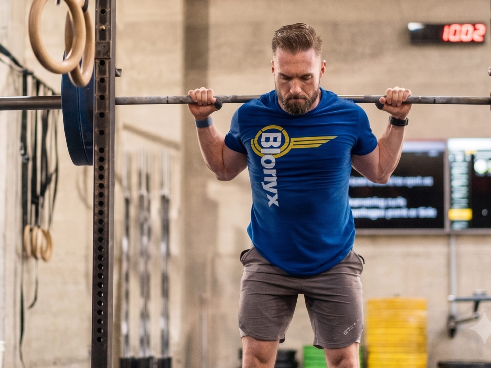 A man in a gym performing a barbell exercise, wearing a blue t-shirt with a yellow and white 'BOMYX' logo and gray shorts.