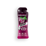 Beet It Sport energy gel on a grey background.