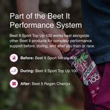 Beet It Sport Top Up 100 energy gel displayed as part of the Beet It Performance System, paired with Beet It Sport Nitrate 400 before exercise and Beet It Regen Cherry+ after training for complete endurance support.