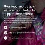 Beet It Sport Top Up 100 energy gel in a runner’s jacket pocket, highlighting 100mg dietary nitrates, 30g carbohydrates, and sodium from beetroot juice to support endurance performance and reduce fatigue.