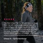 Trail runner using Beet It Sport Top Up 100 energy gels during an outdoor run, alongside a testimonial highlighting the gel’s taste, smooth texture, natural ingredients, and endurance performance benefits.
