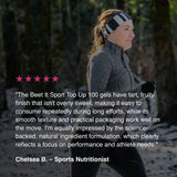 Trail runner using Beet It Sport Top Up 100 energy gels during an outdoor run, alongside a testimonial highlighting the gel’s taste, smooth texture, natural ingredients, and endurance performance benefits.