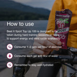 Cyclist holding Beet It Sport Top Up 100 energy gel with instructions recommending 1–2 gels per hour of exercise, water intake with each gel, and proper hydration during endurance training.