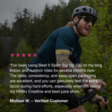 Cyclist riding outdoors with a testimonial describing Beet It Sport Top Up 100 energy gels, highlighting their taste, easy-open packaging, and performance benefits during long rides and hard efforts.